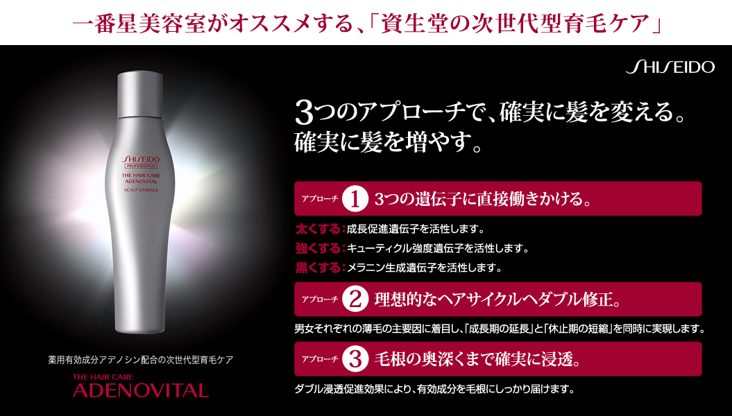 3つのアプローチで、確実に髪を変える。 確実に髪を増やす。  3つの遺伝子に直接働きかける。 太くする：成長促進遺伝子を活性します。 強くする：キューティクル強度遺伝子を活性します。 黒くする：メラニン生成遺伝子を活性します。  理想的なヘアサイクルヘダブル修正。 男女それぞれの薄毛の主要因に着目し、 「成長期の延長」と「休止期の短縮」を同時に実現します。  毛根の奥深くまで確実に浸透。 ダブル浸透促進効果により、有効成分を毛根にしっかり届けます。